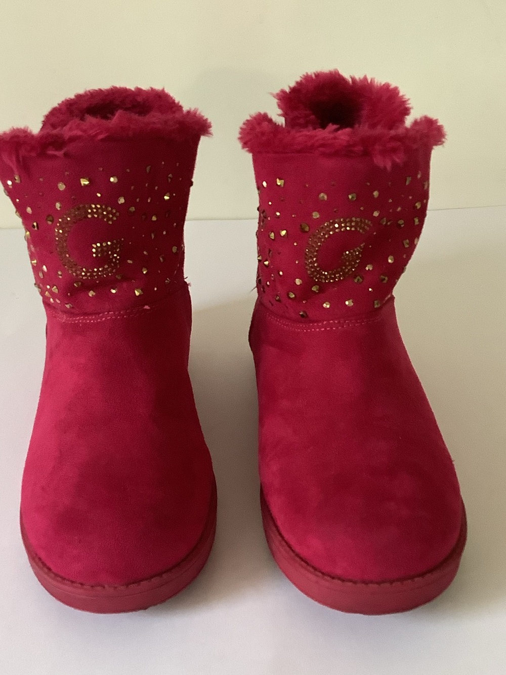 GBG Red Faux Fur Gold Studded  Suede Winter Ankle Boots